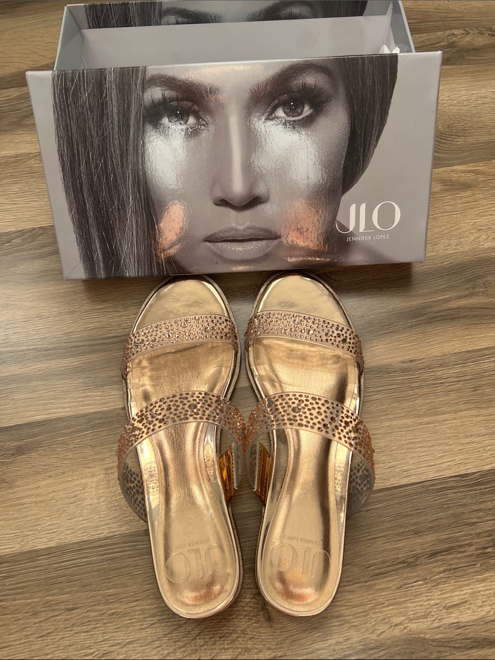 Jennifer Lopez Rose Gold Crystal Slide Sandals
